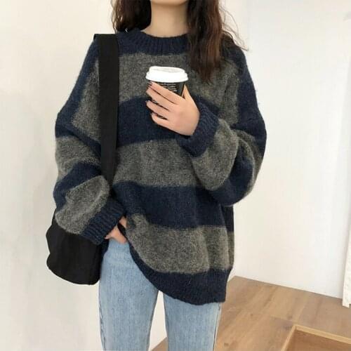 Women Oversized Thin Sweater Vintage Striped Loose Pullover Streetwear Autumn Knitted Jumper Femme 2021 Sueter Mujer