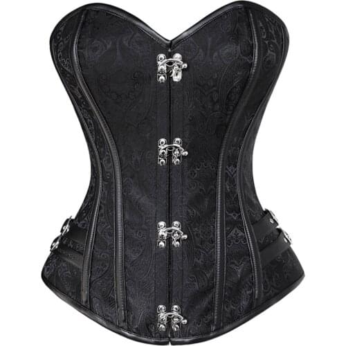 Womens Vintage Black Spiral Steel Bone Embroidery Design Busk Closure Overbust Buckle Corset Waist Trainer Bustier