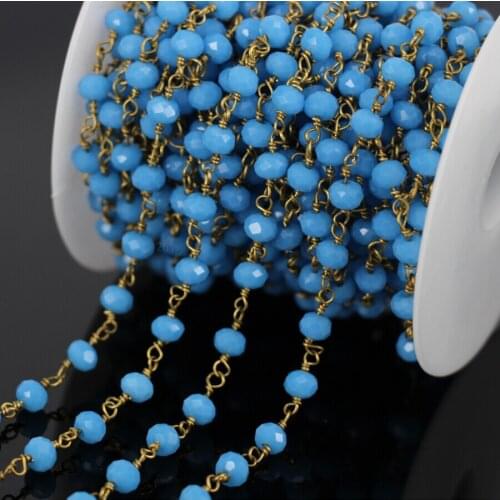 5Meter Rhodium Plated Wire Wrapped Beaded Rosary Chains in Blue Faceted Crystal Beads,Blue Faceted Glass Beaded Chain Jewelry
