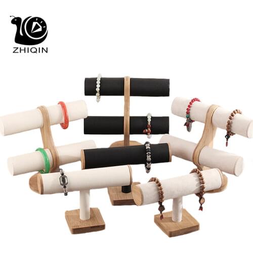 Bamboo Jewelry Display Bracelet Watch Storage Display Bangle Display Stand Vintage Velvet/ PU Leather T-Bar Jewelry Organizer