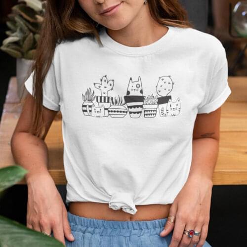 Cats With Cactus 100% Cotton T-shirt Cute Cat Mom Gift Tshirt Camiseta Funny Plant Lady Gardening Top Tee Shirt
