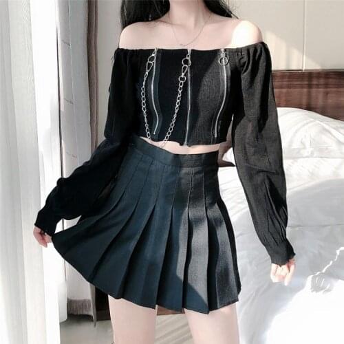 Goth T-Shirt Zip Up Crop Top Sexy Chains Women Off Shoulder Tees Long Sleeve T-shirts Gothic Girl Black White Vintage Clothes