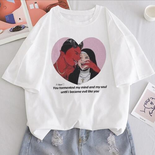 Summer Harajuku New Devil Letter Print Fun Loose Short Sleeve Tops tees Cartoon Casual Ulzzang Female Vintage Punk T-Shirt