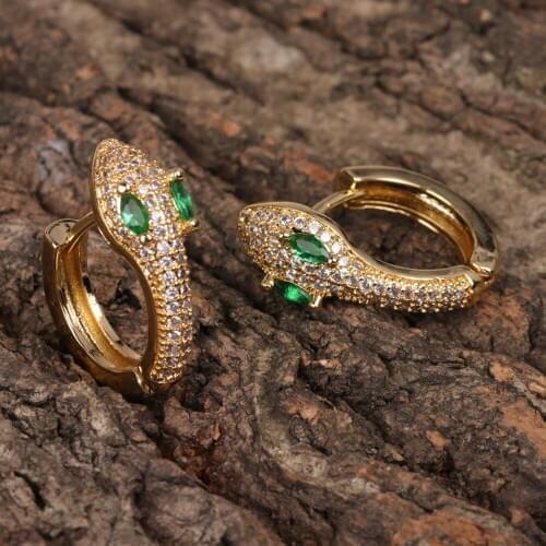 Copper Plated Gold Women Zircon Green Eye Snake Hoop Earring Delicate Crystal Snake Brincos piercing Animal Jewelry Dropshipping