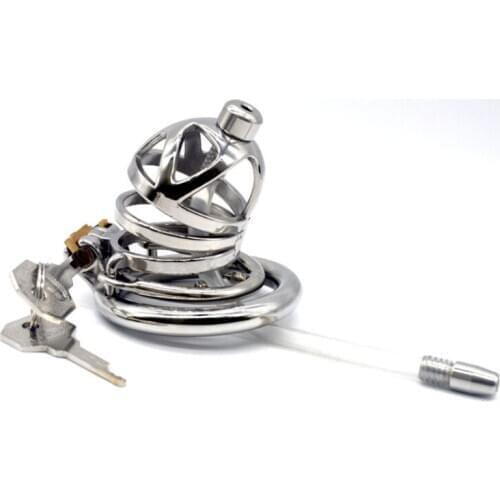 FAAK Metal Chastity Cage with Silicone Catheter and Barbed Anti-off Ring Creative Hollow Penis Cage Male Chastity Device 253F