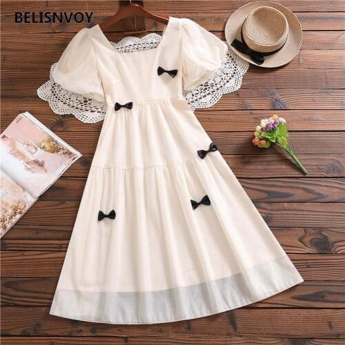 Sweet Square Collar Puff Sleeve Bowknot Dresses Women Korean Style Loose High Waist Midi Dress Summer A-line Princess Vestidos