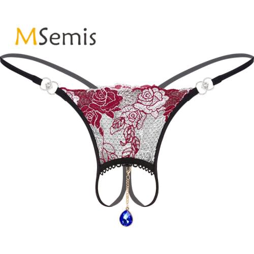 Mens Lingerie Sissy Underwear Rhinestone Pendant Flower Embroidery Thongs Panties Underpants Crotchless Open Butt T-back Briefs