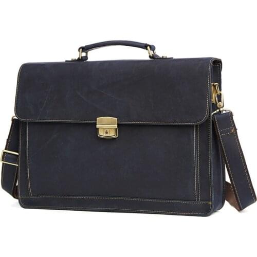Genuine Leather Men Briefcase 15.6inch Laptop Bag Blue Portfolio Business Handbags Male briefcase Document Office Bags