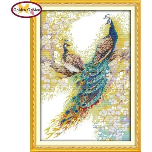 GG The Peacocks Couples Cross Stitch Sets Handmade Craft Painting Needlework Embroidery Kit Cross Stitching Set for Home Decor