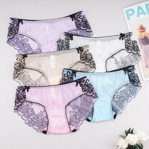 New Hot Women Sexy Lingerie Mesh Panties Perspective Lace Embroidery Patchwork Briefs Breathable Quality Womans Underwear