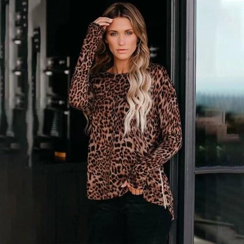 Casual Tshirts Women Autumn Winter Loose Round Collar Sexy Leopard Zebra Striped Long Sleeve T-shirt Female Basic Tops