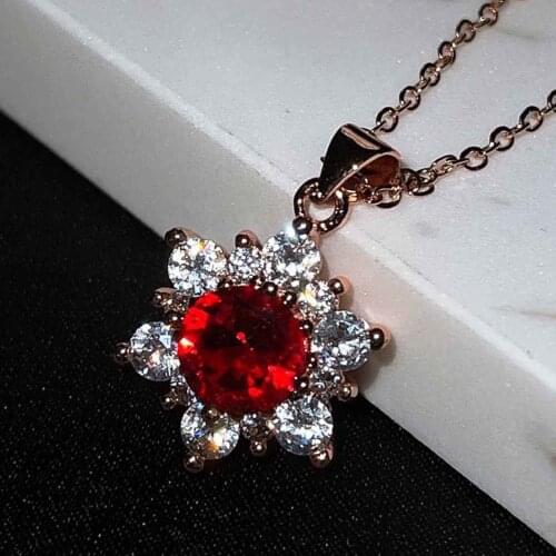 QTT Luxury Flower Pendant Necklace Rose Gold Chain Necklace Red Round Cubic Zirconia Jewelry Wedding Party Gift