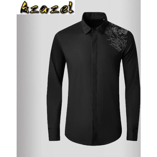 Azazel Cotton White Black Mens Shirts Luxury Dragon Embroidered Long Sleeve Casual Mens Dress Shirts Fashion Slim Fit Man Shirts