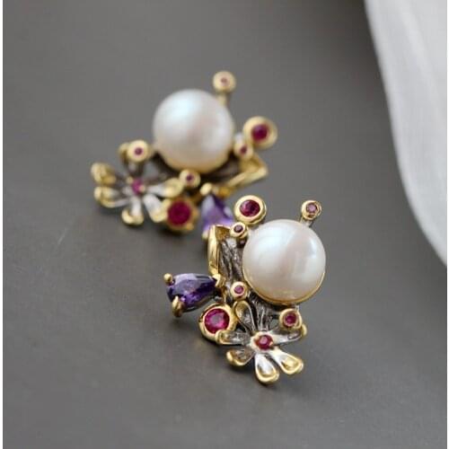Handmade Creative Trendy Little Flowers Inlaid Rhinestone Natural Freshwater Pearl 925 Sterling Silver Ear Studs Fine Jewelry