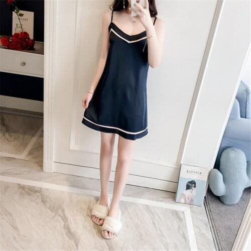Sexy temptation strap nightdress simple version ladies summer high-end navy blue fresh skirt newly arrived Sleepwear bathrobe