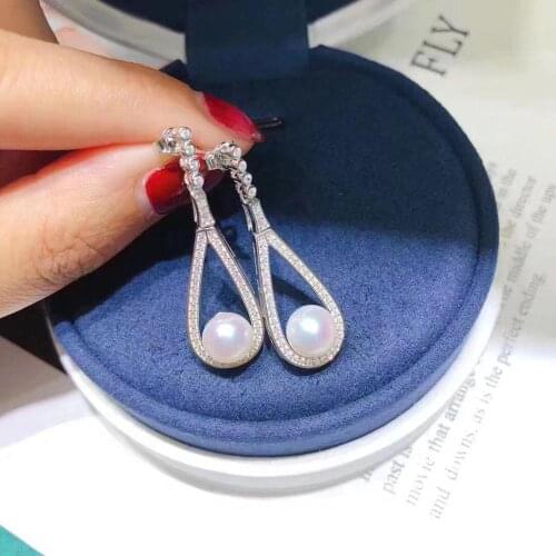 D508 Pearl Earrings Fine Jewelry 925 Sterling Silver Round 8-9mm Nature Fresh Water Pearls Drop Earrings for Women