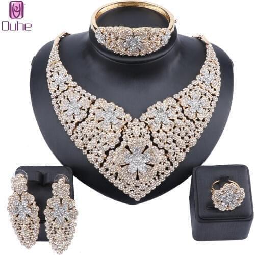 Wedding Jewelry Statement Gold Color Crystal Rhinestones Necklace Earrings Bangle Ring Bridal Jewellery Set