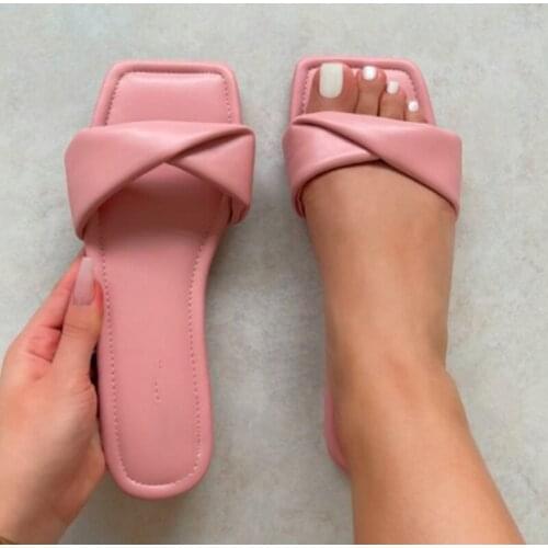 Women Pleated Square Toe Slippers Ladies Sewing Comfort Shoes Female Summer Beach Casual Slides 2021 Woman Home Flat Big Size