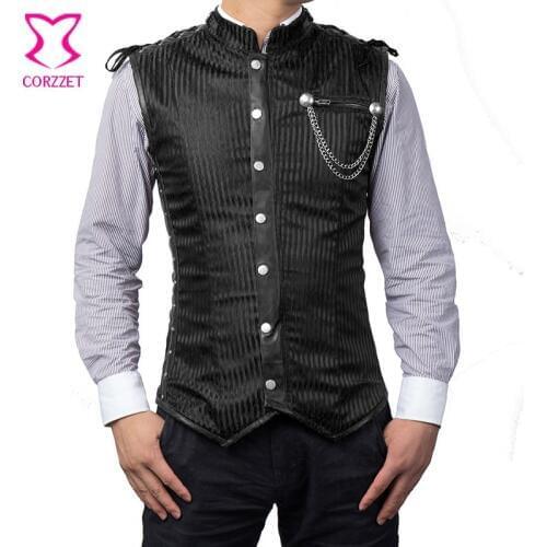 Vintage Black Striped Stand Collar Steampunk Jacket Men Sleeveless Vest Corset Plus Size Gothic Clothing Mens Military Jacket