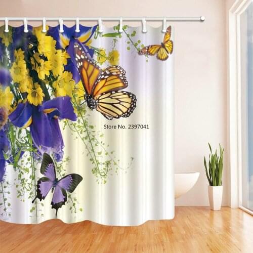 High Quality Printed Fabric Shower Curtains Flower Butterfly Bath Screens Waterproof Bathroom Decor with 12 Hooks