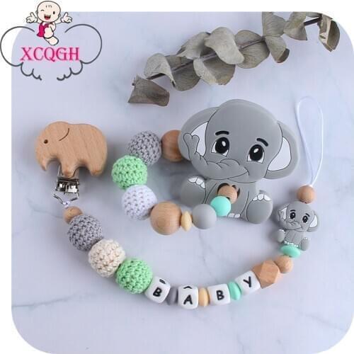 XCQGH Customized Baby Name Cartoon Elephant Silicone Beads Crochet Beads Pacifier Nipple Chain and Teether Bracelet