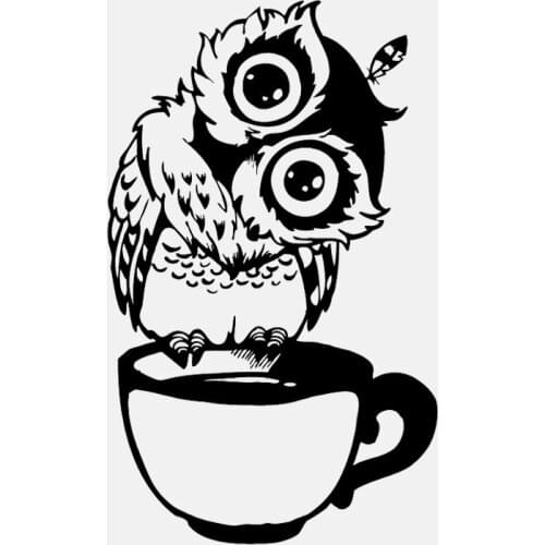 Funny Cartoon Owl Cup of Tea Vinyl Black/Silver Car Sticker 9cm*14cm