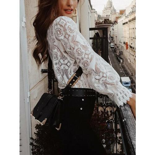 Sexy Women Lace Hollow Out Blouses Tops Elegant Female Loose High Neck Blouses Casual Lace Embroidery Long Sleeve White Shirts