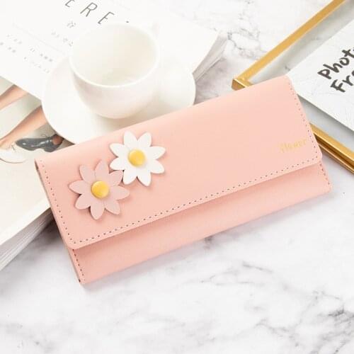Flower Womens Wallet Long Hasp Three Fold Female Fashion Solid Color Pu Leather Coin Purse Ladies Card Holder Bag For Phone