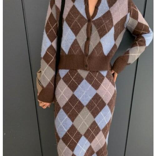 2021 New Women Spring Vintage Plaid Knitted Sweater Two Piece Set Single Breasted Short Cardigan+ Elastic High Waist Wrap Skirt