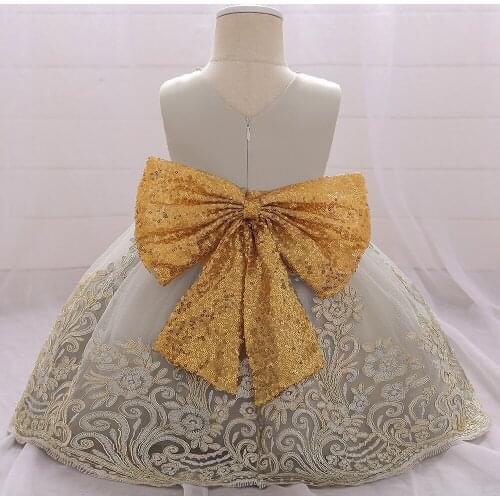 Baby Girls Golden Dress Christmas Lace Wedding Gown Flower Girls Beading Princess Costume Elegant Baby Birthday Party Dress
