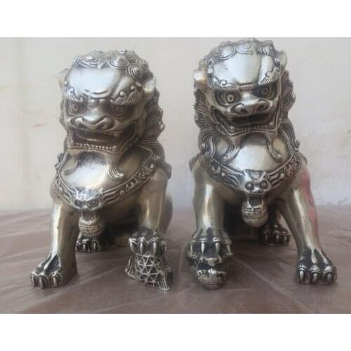 1 Pair Chinese FengShui Tibet Silver Lion /Foo Fu Dog Statue High:15CM /item Tibet Silver decoration bronze factory outlets