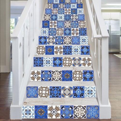13pcs/set Bohemia Style Blue Stair Stickers Staircase Decoration Stick Wall Art Mural Peel & Stick Waterproof Vinyl Wallpapers