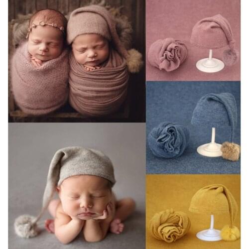 2pcs/set Newborn Photography Props Blanket Baby Fur Ball Knitted Hat Baby Beanie Baby Photo Shoot Accessories