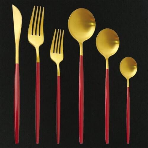 36Pcs Red Gold Matte Flatware Cutlery Set Stainless Steel Dinnerware Set Dessert Fork Spoon Silverware Kitchen Tableware Set