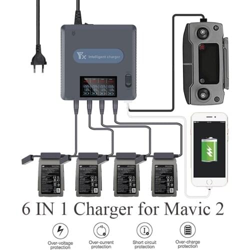 6 in 1 Battery Charger for DJI Mavic 2 Pro Zoom Drone Remote Controller 4 Batteries Fast Charging Hub Discharger LCD Display USB