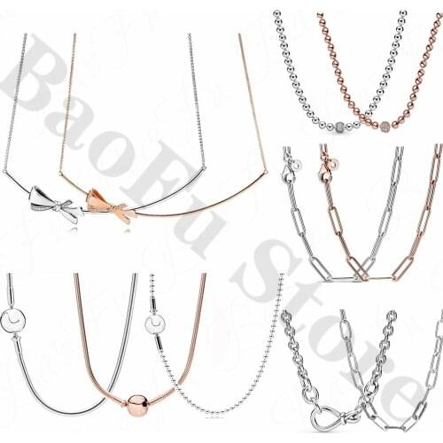 Authentic 925 Sterling Silver Necklace Bow Snake Chain Necklace Women Suitable for Original Wedding Banquet Gift Fashion Jewelry