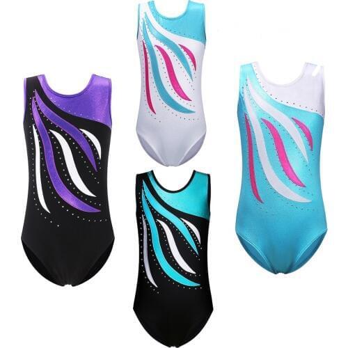 BAOHULU 3-14 Years Girls Sleeveless Shiny Diamond Gymnastics Leotard One-Piece Blue Black White Child Kids Ballet Dance Wear