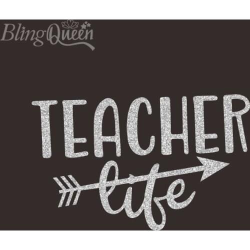 BlingQueen 12PCS/LOT Hot Fix Heat Transfers Glitter Vinyl Motifs Iron On Decals Patches Teacher life Design