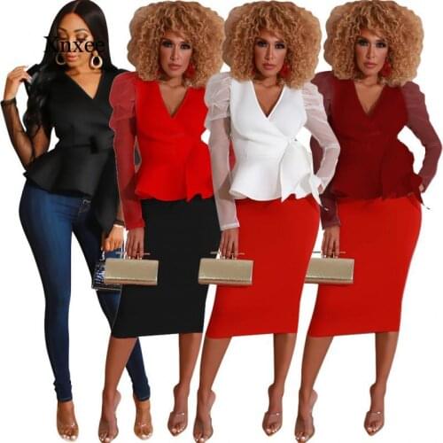 Mesh Long Puff Sleeve V Neck Shirts Spring Tunic Sexy Ruffle Tops Women Blouse Night Club Transparent Fall Female Party Clothing