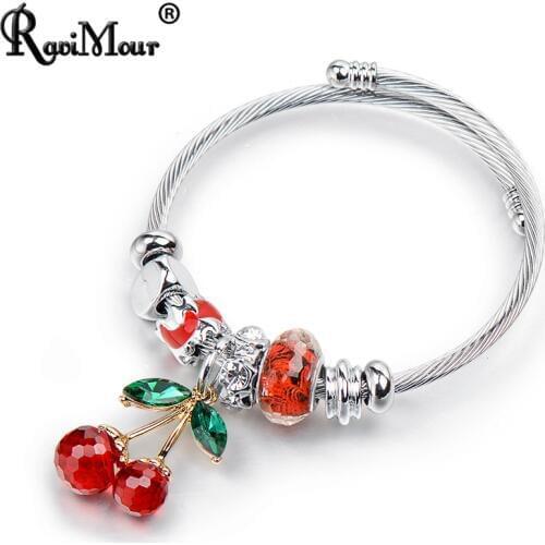 RAVIMOUR Stainless Steel Bracelets & Bangles Big Cherry Crystal Women Bracelet Jewelry Fashion Charms Bead DIY Gifts New 2018