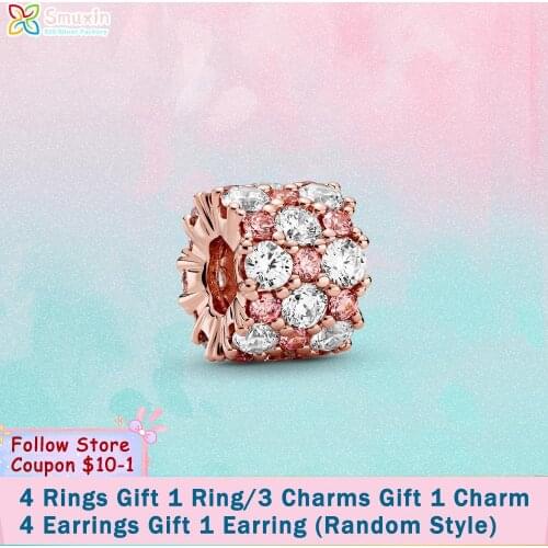 Smuxin S925 Sterling Silver Beads Pink & Clear Sparkling Charms fit Original Pandora Bracelets Women DIY Jewelry Making