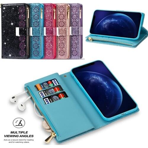 For Samsung S20 S10 S9 Plus Ultra Lite S10E Note 10 Plus 5G Note 20 Bling Zipper PU Leather Wallet Purse Flip Case Stand Cover