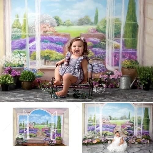 Photography Backdrop Watercolor Painting Spring Landscape Flowers Window Baby Shower Cakes Smash Birthday Photo Background