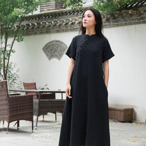 Cotton Linen Summer Dress 2021 New National Style Coil Button Improved Cheongsam Long Dress Womens Middle Standing Collar