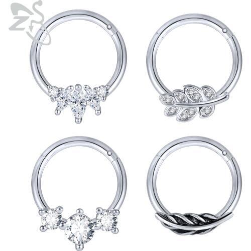 ZS 1 PC High Quality Stainless Steel Nose Ring CZ Crystal Hoop Septum Rings Ear Helix Cartilage Piercing Nose Piercings Jewelry