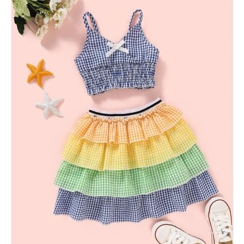 Two piece set baby girls outfits crop top vest and skirt suit plaids checkered colorful stripes toddler kids clothes 2 to 8 yrs
