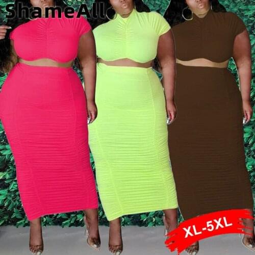 Plus Size Neon Green Ruched 2 Pieces Sets 4XL Summer Sexy Bandage Maxi Skirt and Crewneck Short Sleeve Crop Tops Two Piece Suits