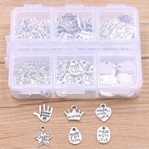 1Set 120Pcs/Lot 2 Color 6 Styles Letter Charm MINI Heart Palm Pendant With Box Material For DIY Jewelry Necklace Bracelet Making