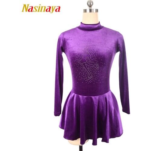 Figure Skating Costume Dress Ice Skating Skirt Velvet Pink Purple Stones for Girl Women Kids Customized Competition