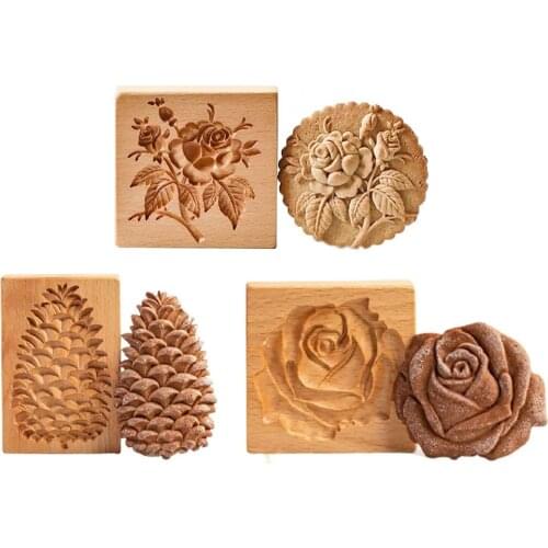 Creative Wooden Cookie Mold Flower Pine Nut Rose Shape Mold Home Kitchen Homemade Biscuit Cake Dessert Mold Baking Tools